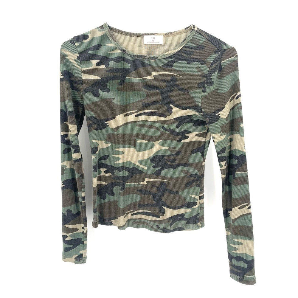 Anthropologie T.La Green Camo Long Sleeve Dolly Thermal Waffle Fitted Top